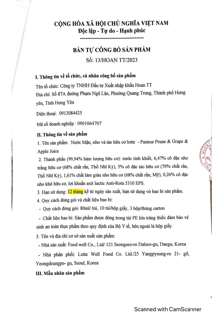 Hồ sơ tự công bố — Tăng Cân (Mận, Nho & Táo)